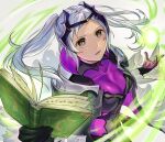  1girl abinosu0903 book breasts brown_eyes cleavage fire_emblem fire_emblem_awakening fire_emblem_heroes holding holding_book looking_at_viewer magic official_alternate_costume open_book open_mouth robin_(female)_(fire_emblem) robin_(female)_(resplendent)_(fire_emblem) robin_(fire_emblem) solo twintails upper_body white_background white_hair 