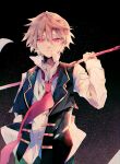  1boy absurdres black_vest blonde_hair expressionless highres holding holding_scythe looking_at_viewer male_focus necktie open_clothes open_vest oz_vessalius pandora_hearts red_eyes red_necktie scythe shirt short_hair solo upper_body vest wanui white_shirt 
