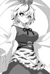  1girl animal_print breasts closed_mouth commentary greyscale hair_ornament large_breasts long_sleeves looking_at_viewer monochrome multicolored_hair onkn_sxkn shawl short_hair simple_background solo tiger_print toramaru_shou touhou two-tone_hair 