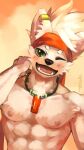 abs ainro anthro blush canid canine canis collar domestic_dog dong_xuan ear_piercing elysium_above fur green_eyes hair hi_res looking_at_viewer male mammal muscular muscular_anthro muscular_male nipples open_mouth pecs piercing pose shirtless_male solo teeth white_body white_fur