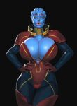 alien alien_humanoid asari big_breasts bimbo_lip blue_body bodysuit boobsgames breasts bulging_breasts cleavage clothed clothing female hand_on_hip hi_res huge_breasts humanoid lips looking_at_viewer mass_effect not_furry samara skinsuit solo thick_lips thick_thighs tight_clothing wide_hips