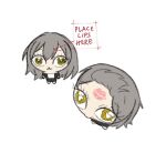  1girl :3 bangs_pinned_back black_jacket black_skirt english_text eyelashes from_above grey_hair honkai:_star_rail honkai_(series) jacket lipstick_mark lipstick_mark_on_forehead long_hair meme multiple_views nnr_stsh open_clothes open_jacket place_lips_here_(meme) simple_background skirt stelle_(honkai:_star_rail) trailblazer_(honkai:_star_rail) white_background yellow_eyes 