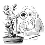  1girl animal arm_on_table close-up flower frog gkfdlfdjqtdma greyscale hair_over_shoulder hand_up korean_commentary long_hair looking_at_animal magnifying_glass monochrome paper parted_bangs pen plant pointy_ears potted_plant princess_zelda serious simple_background sparkling_eyes the_legend_of_zelda the_legend_of_zelda:_breath_of_the_wild upper_body 