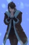  1boy absurdres androgynous belt black_hair black_jacket blue_eyes brown_coat brown_pants coat commentary cowboy_shot elezen elf emmanellain_de_fortemps final_fantasy final_fantasy_xiv frilled_sleeves frills fur-trimmed_coat fur_trim hair_over_one_eye hands_up highres jacket looking_at_viewer male_focus nozouko one_eye_covered outdoors own_hands_together pants pointy_ears short_hair snowing solo standing swept_bangs symbol-only_commentary winter winter_clothes winter_coat 