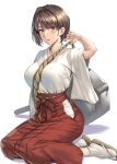  1girl between_breasts blush breasts brown_eyes brown_hair collarbone hair_intakes hakama hakama_skirt highres hyuuga_(kancolle) japanese_clothes kantai_collection kokuzou large_breasts looking_at_viewer miko open_mouth red_hakama sandals short_hair short_sleeves simple_background skirt socks solo turret white_background white_socks wide_sleeves 