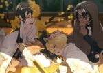  1girl 3boys animal_ears animal_on_lap black_coat black_hair brown_hair cloak closed_mouth coat cookie drifting_fox e.g.o_(project_moon) eating flower food fox fox_ears fox_tail hand_up heathcliff_(project_moon) limbus_company long_sleeves multiple_boys on_lap outis_(project_moon) petting pmchell_04 project_moon purple_eyes sinclair_(project_moon) smile tail white_cloak white_hanbok yellow_eyes yellow_flower yi_sang_(project_moon) 