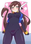  1girl absurdres aile_(mega_man_zx) black_bodysuit blue_jacket blush bodysuit breasts brown_hair buzzlyears cropped_jacket green_eyes highres jacket large_breasts long_hair looking_at_viewer looking_down mega_man_(series) mega_man_zx mega_man_zx_advent navel open_clothes open_jacket ponytail robot_ears simple_background solo 