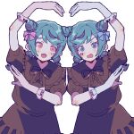  15_shoujo 2girls :d akine_emi akine_nami annoyed blue_eyes blue_hair braid brown_dress brown_ribbon collared_dress double_bun dress facial_mark frilled_gloves frills gloves hair_bun heart_arms_duo highres long_hair looking_at_another looking_at_viewer multiple_girls open_mouth puffy_short_sleeves puffy_sleeves ribbon short_sleeves simple_background smile sweatdrop symmetrical_pose tsujii_ruki twin_braids white_background 