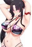  1girl alternate_costume arind_yudha arm_strap armpits arms_up bare_shoulders bikini breasts cleavage collarbone fate/grand_order fate_(series) hair_bun hair_ornament highres large_breasts long_hair looking_at_viewer navel parted_bangs parted_lips purple_bikini purple_eyes purple_lips red_pupils sidelocks simple_background single_hair_bun solo stomach swimsuit taira_no_kagekiyo_(fate) underboob upper_body ushiwakamaru_(fate) white_background 
