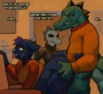 alligator alligatorid anthro bea_santello clothed clothing crocodilian domestic_cat duo felid feline felis female hi_res latchk3y mae_borowski male male/male mammal mr_santello_(nitw) night_in_the_woods pregnant reptile scalie sex text