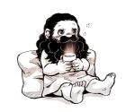  1boy alternate_race bare_arms bare_legs barefoot beard blush cup dot_8o dungeon_meshi facial_hair full_body hair_slicked_back halfling holding holding_cup large_ears long_beard long_hair looking_ahead male_focus monochrome mustache nose_blush pillow robe senshi_(dungeon_meshi) simple_background sitting sleepy soles solo steam tea yunomi 