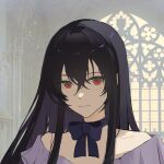  1girl absurdres bare_shoulders black_eyes bow bowtie dress hair_between_eyes highres lacie_baskerville light_smile long_hair looking_at_viewer off-shoulder_dress off_shoulder pandora_hearts portrait red_eyes solo xiuning233 