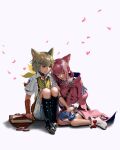  animal_ears book boots cat_ears coat dragon final_fantasy final_fantasy_xiv hollizho khloe_aliapoh pink_coat pink_petals ribbon scarf t&#039;kebbe yellow_scarf 