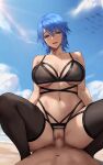  1boy 1girl aqua_(kingdom_hearts) bare_shoulders black_bra black_panties blue_eyes blue_hair blue_sky blush bra breasts censored chihunhentai collarbone cowgirl_position crotchless crotchless_panties girl_on_top hetero highres kingdom_hearts large_breasts looking_at_viewer navel open_mouth panties penis pussy sex short_hair sky smile spread_legs straddling thighhighs thighs underwear vaginal 
