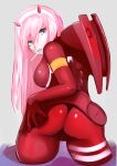  1girl absurdres ass blue_eyes bodysuit breasts candy darling_in_the_franxx food highres horns lollipop long_hair looking_at_viewer looking_back medium_breasts moeufocatcher pink_hair red_bodysuit skin_tight solo zero_two_(darling_in_the_franxx) 