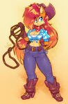2024 absurd_res anthro archie_comics blue_clothing blue_eyes blue_topwear boots bottomwear breasts brown_belt brown_body brown_boots brown_clothing brown_footwear brown_fur brown_gloves brown_handwear chipmunk cleavage clothed clothing cowboy_boots cowboy_hat cowgirl_outfit cutoffs daisy_dukes denim denim_bottomwear denim_clothing ear_piercing ear_ring eye_through_hair female footwear fur gloves ground_squirrel hair handwear hat headgear headwear hi_res high_heeled_boots high_heels hoop_ear_ring hotpants jamoart lasso long_hair mammal medium_breasts midriff piercing red_hair red_scarf ring_piercing rodent sally_acorn scarf sciurid sega shorts smile solo sonic_the_hedgehog_(archie) sonic_the_hedgehog_(comics) sonic_the_hedgehog_(series) standing topwear translucent translucent_hair