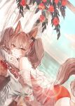  1girl angelina_(arknights) animal_ears arknights beach flower fox_ears fox_girl fox_tail hair_ribbon highres jiru_(6pp_ab) looking_at_viewer lying on_stomach red_eyes red_hair ribbon solo tail 