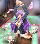  animal_ears barefoot bdsm bondage bound breasts bunny bunny_ears cuffs female_ejaculation green_panties medium_breasts monikano open_clothes open_shirt panties reisen_udongein_inaba shirt solo torture touhou translated underwear wooden_horse 