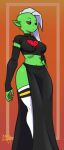 2017 alien alien_humanoid armwear bottomwear breasts clothed clothing crop_top darkeros disney ear_piercing ear_ring female fingers green_body green_skin hair hand_on_hip hand_on_own_hip hi_res humanoid humanoid_pointy_ears legwear long_hair lord_dominator midriff noseless not_furry piercing pink_sclera ring_piercing shirt signature solo standing stockings thigh_highs topwear wander_over_yonder white_hair