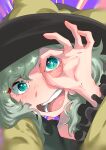  1girl black_headwear blurry blush bow close-up commentary_request depth_of_field frilled_sleeves frills green_eyes green_hair hand_glasses hat hat_bow head_tilt highres komeiji_koishi looking_at_viewer open_mouth portrait shirt short_hair smile sobayu_to_tenpura solo sparkling_eyes touhou yellow_bow yellow_shirt 