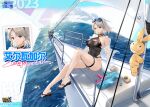  1girl 2023 bare_shoulders benghuai_xueyuan camera character_name character_request choker copyright_name full_body grey_hair homu_(honkai_impact) honkai_(series) ocean official_art red_eyes sandals second-party_source ship sitting swimsuit thigh_strap water watercraft 