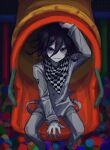  1boy arm_up buttons checkered_clothes checkered_scarf closed_mouth danganronpa_(series) danganronpa_v3:_killing_harmony double-breasted grey_jacket grey_pants hair_between_eyes highres jacket looking_at_viewer male_focus no_nose oma_kokichi pants scarf seng_(nnnmi05) sitting slide smile solo 