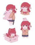  &gt;_&lt; 2girls animal_ear_fluff animal_ears animalization blush bocchi_the_rock! bow bowtie box cat_ears cat_girl cat_tail chibi cropped_feet cube_hair_ornament gotoh_hitori gotoh_hitori_(octopus) hair_ornament highres hug in_box in_container kita_ikuyo multiple_girls multiple_views one_side_up red_bow red_bowtie red_hair school_uniform shuka_high_school_uniform side_ahoge sidelocks tail tearing_up white_background yomogidx 