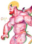  1boy abs bara beard bk_zerotwo blanc_shine_(bk_zerotwo) bulge colored_skin demon_boy demon_horns demon_tail demon_wings facial_hair from_side full_beard horns large_pectorals male_focus merchandise_available muscular muscular_male navel nipples original painting_(medium) pectorals profile red_skin solo stomach strongman_waist tail thick_beard thick_eyebrows topless_male traditional_media watercolor_(medium) wings 