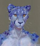 2023 akatan_art anthro blue_body blue_fur blue_nose bust_portrait dated felid front_view fur glistening glistening_eyes hi_res male mammal mouth_closed no_sclera orange_eyes portrait pupils signature simple_background slit_pupils solo spots spotted_body spotted_fur whiskers