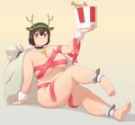  1girl animal_ears aqua_eyes bell breasts brown_hair bucket_of_chicken christmas cleavage closed_mouth collarbone commentary_request fake_animal_ears fake_antlers fried_chicken hair_between_eyes highres holding huge_breasts katou_(katohayabusa) looking_at_viewer medium_hair naked_ribbon neck_bell original plump reclining red_ribbon ribbon sack simple_background solo tareme thick_arms thick_thighs thighs white_wrist_cuffs yellow_background 