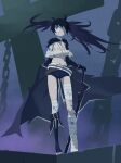  32zzz bandage_on_face bandage_over_one_eye bandaged_arm bandaged_foot bandaged_head bandaged_leg bandages black_cape black_footwear black_gloves black_hair black_rock_shooter black_rock_shooter_(character) black_shorts blood blood_on_bandages blue_blood blue_eyes boots cape chain cross elbow_gloves gloves highres holding holding_sword holding_weapon long_hair no_shirt shorts sidelocks sword twintails uneven_twintails weapon 