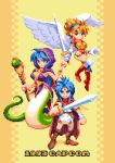  1boy angel_wings armor blonde_hair blue_eyes boots breasts breath_of_fire breath_of_fire_i deis elbow_gloves feathered_wings full_body gloves green_eyes hairband highres knee_boots leotard looking_at_viewer multiple_girls nina_(breath_of_fire_i) open_mouth pixel_art pixelflag red_leotard ryuu_(breath_of_fire_i) short_hair smile thighhighs white_wings wings 