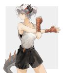  1girl arknights cowboy_shot handwrapping highres horns lizard_tail looking_to_the_side reptile_girl saria_(arknights) shirt shorts simple_background sleeveless solo stretching tail tank_top white_background white_hair white_shirt z_shuidao 