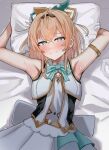  1girl absurdres armlet armpits arms_behind_head arms_up bed_sheet blonde_hair blush bow bow_skirt check_commentary commentary commentary_request from_above futoshi_tanaka green_eyes hair_ornament head_on_pillow highres hololive hololive_idol_uniform holox idol idol_clothes kazama_iroha layered_skirt looking_at_viewer lying on_back on_bed pillow ponytail seductive_smile skirt sleeveless smile solo sweat upper_body virtual_youtuber white_bow white_skirt 