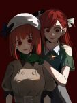  2girls arima_kana beret bob_cut dress gloves green_dress green_gloves hair_ribbon hat hat_ribbon highres inverted_bob long_hair multiple_girls oshi_no_ko red_background red_eyes red_hair redlittleplum ribbon short_hair smile star_(symbol) white_headwear 