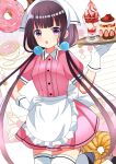  1girl absurdres apron black_footwear black_hair blend_s blush commentary_request doughnut dress food frilled_apron frills fruit gloves hand_on_own_hip hand_up head_scarf highres holding holding_tray long_hair looking_at_viewer low_twintails open_mouth parfait pink_dress puffy_short_sleeves puffy_sleeves purple_eyes ryoutan sakuranomiya_maika shoes short_sleeves solo strawberry thighhighs tray twintails white_apron white_gloves white_headwear white_thighhighs 