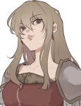  1girl armor breasts chikefu commentary_request earrings fire_emblem fire_emblem:_genealogy_of_the_holy_war grey_eyes grey_hair grin highres jewelry lachesis_(fire_emblem) long_hair looking_at_viewer parted_lips pauldrons pink_shirt shirt shoulder_armor simple_background small_breasts smile solo upper_body white_background 