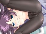  bangs blue_eyes blush breasts censored game_cg kurosu_tokiko long_hair lying mizui_kaou mosaic_censoring nipples pantyhose purple_hair pussy small_breasts solo spread_legs supacchu! topless 