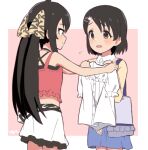  2girls :d aayh animal_print bag black_hair blue_skirt blush brown_eyes camisole closed_mouth collared_shirt commentary_request crop_top dress_shirt flying_sweatdrops frilled_shirt_collar frills hair_ribbon hand_up idolmaster idolmaster_cinderella_girls idolmaster_cinderella_girls_u149 jacket leopard_print long_hair lowres matoba_risa midriff multiple_girls pink_background print_ribbon profile puffy_short_sleeves puffy_sleeves red_camisole ribbon sasaki_chie shirt short_sleeves skirt smile twintails two-tone_background very_long_hair white_background white_shirt white_skirt yellow_jacket 
