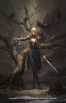  1girl absurdres armor bare_tree bird blonde_hair blue_eyes boots breasts center_opening copyright_notice dual_wielding gauntlets highres holding holding_sword holding_weapon iltaek_oh large_breasts lips long_hair looking_at_viewer official_art shadowblood shoulder_armor solo sword thigh_boots tree weapon 