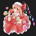  1girl apple ascot black_background blonde_hair bow collared_shirt cowboy_shot crystal dark_background fang flandre_scarlet flower food frilled_skirt frilled_sleeves frills fruit glowing glowing_wings green_flower green_rose hair_between_eyes hat hat_bow head_tilt highres holding holding_food holding_fruit kayu_(553917372) looking_at_viewer medium_hair mob_cap multicolored_wings one_side_up open_mouth outstretched_arm outstretched_hand pink_flower pink_rose puffy_short_sleeves puffy_sleeves red_apple red_bow red_eyes red_flower red_ribbon red_rose red_skirt red_vest ribbon ribbon-trimmed_headwear ribbon-trimmed_sleeves ribbon_trim rose shirt short_sleeves simple_background skin_fang skirt sleeve_bow solo touhou vest white_headwear white_shirt wings yellow_ascot yellow_flower yellow_rose 