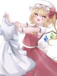  1girl ascot blonde_hair cowboy_shot crystal dress flandre_scarlet hat highres medium_hair mob_cap naarsann open_mouth red_dress red_eyes red_ribbon ribbon side_ponytail simple_background solo sparkling_eyes touhou white_background white_dress yellow_ascot 