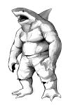  1boy black_eyes dc_comics full_body furry gegegekman gills greyscale highres king_shark_(dc) monochrome open_mouth pants pectorals scar scar_on_arm scar_on_chest shark shark_boy shark_fin sharp_teeth solo teeth the_suicide_squad topless_male torn_clothes torn_pants white_background 