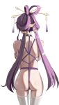  1girl absurdres ass bdsm bondage bound bow-shaped_hair choker commentary_request crescent crescent_hair_ornament crotch_rope fu_xuan_(honkai:_star_rail) hair_ornament hair_rings hair_stick highres honkai:_star_rail honkai_(series) long_hair low_twintails nude o-ring o-ring_choker purple_hair purple_rope purple_tassel pussy_juice rope shibari shiny_skin solo standing tassel tassel_hair_ornament thighhighs twintails white_thighhighs yi_yanhua_er_qing 