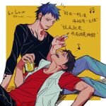  2022 2boys arm_tattoo black_hair black_shirt can chest_tattoo cigarette closed_eyes commentary_request couple dated demorzel denim earrings facial_hair goatee highres holding holding_can holding_cigarette jeans jewelry looking_at_another lying_on_person male_focus monkey_d._luffy multiple_boys musical_note one_piece open_mouth pants red_shirt scar scar_on_cheek scar_on_face shirt sitting smile spoken_musical_note tattoo trafalgar_law translation_request twitter_username vest yaoi yellow_eyes 