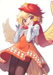  1girl animal animal_on_head bird bird_on_head bird_tail bird_wings black_pantyhose blonde_hair blush cowboy_shot dress feathered_wings highres hiyaya_(kochi_michikaze) juliet_sleeves long_sleeves multicolored_hair niwatari_kutaka on_head open_mouth orange_dress pantyhose puffy_sleeves red_eyes red_hair red_scarf scarf shirt short_hair simple_background solo tail touhou two-tone_hair white_background white_shirt wings yellow_wings 