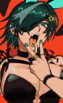  animal_ears bob_cut breasts chainsaw_man cigarette eyepatch green_eyes green_hair hair_between_eyes hair_ornament highres himeno_(chainsaw_man) holding holding_cigarette jewelry liowig open_mouth patch rabbit rabbit_ears rabbit_girl ring short_hair solo solo_focus 