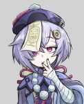  amon_higu3106 bandaged_arm bandages bead_necklace beads coin_hair_ornament dress expressionless genshin_impact grey_background hair_ornament half-closed_eyes hat jewelry jiangshi looking_at_viewer necklace ofuda_on_head pale_skin parted_lips purple_dress purple_eyes purple_hair purple_headwear qingdai_guanmao qiqi_(genshin_impact) tareme upper_body v wide_sleeves 