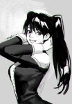  1girl absurdres breasts d.gray-man from_side greyscale hand_on_own_neck hands_up highres korean_commentary lenalee_lee long_hair long_sleeves looking_at_viewer looking_to_the_side monochrome osuk2 simple_background smile solo twintails upper_body 