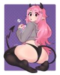  1girl 333_(dqqqdle) black_panties blush earrings freckles grey_hoodie hair_ornament hairclip highres hood hoodie horns jewelry june_(megrocks) long_hair nintendo_switch open_mouth original panties pink_hair pointy_ears red_eyes sweater tail thighhighs underwear 